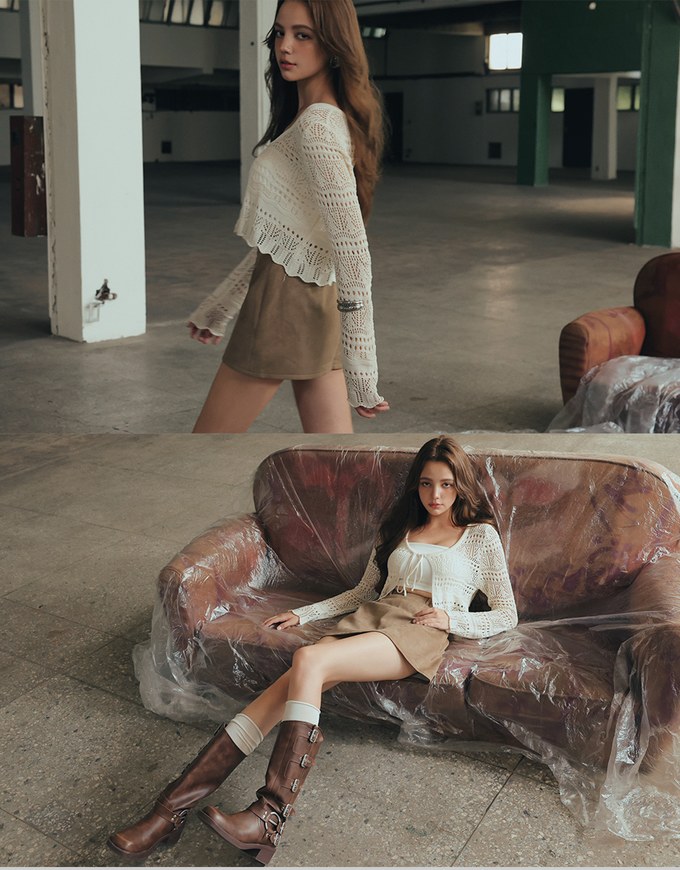 Crochet Open Knit Textured Long Sleeve Crop Cardigan