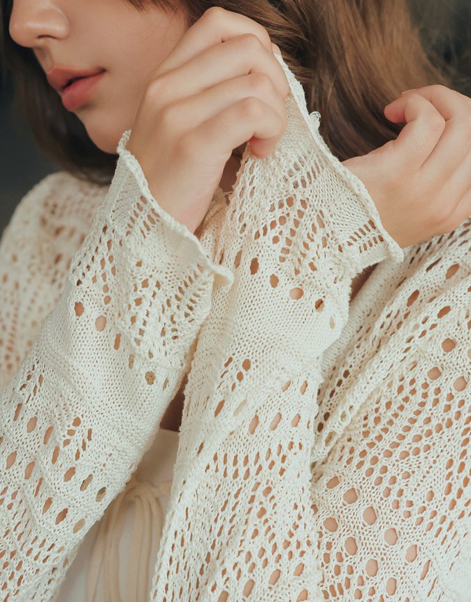 Crochet Open Knit Textured Long Sleeve Crop Cardigan