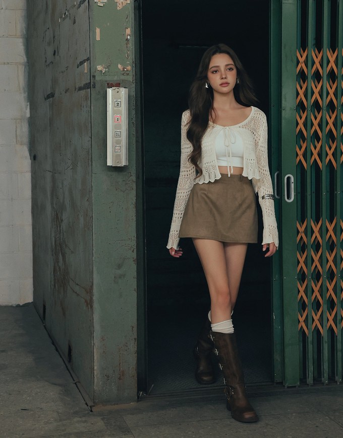 Crochet Open Knit Textured Long Sleeve Crop Cardigan