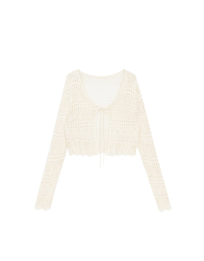Crochet Open Knit Textured Long Sleeve Crop Cardigan