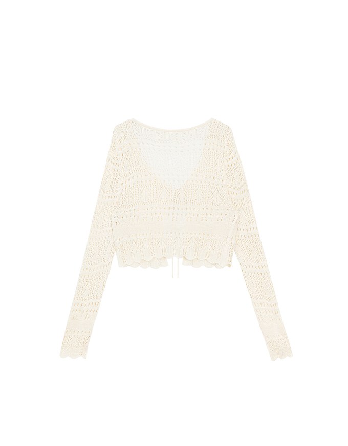 Crochet Open Knit Textured Long Sleeve Crop Cardigan