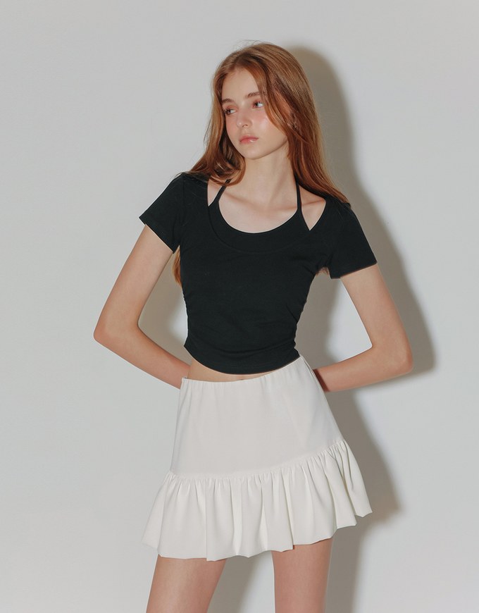 Faux 2 Piece Layered Halter Tie Crop Top with Ruched Sides