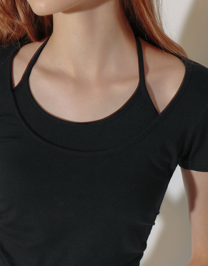 Faux 2 Piece Layered Halter Tie Crop Top with Ruched Sides