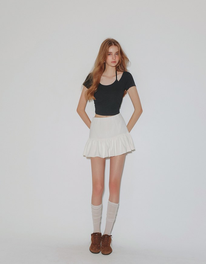 Faux 2 Piece Layered Halter Tie Crop Top with Ruched Sides