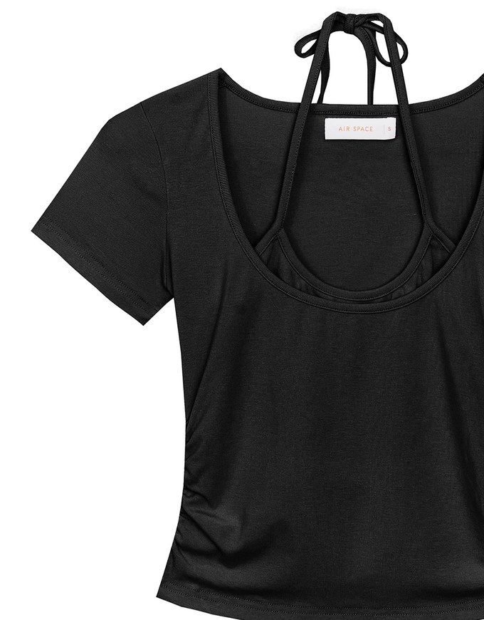 Faux 2 Piece Layered Halter Tie Crop Top with Ruched Sides