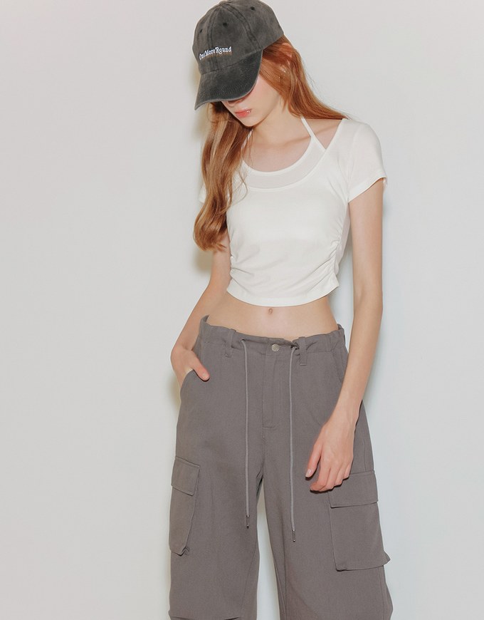 Faux 2 Piece Layered Halter Tie Crop Top with Ruched Sides