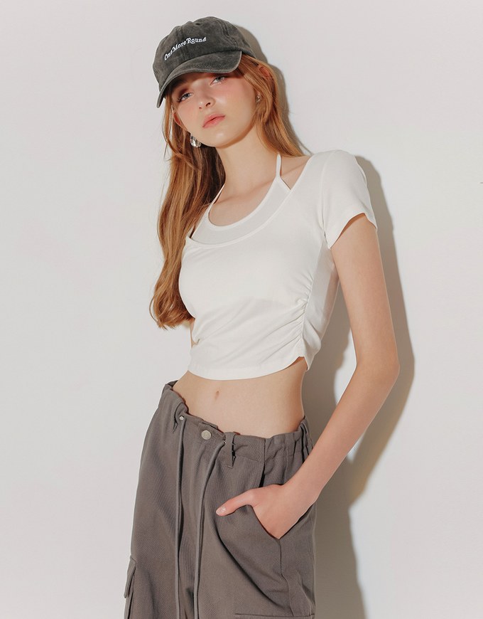Faux 2 Piece Layered Halter Tie Crop Top with Ruched Sides