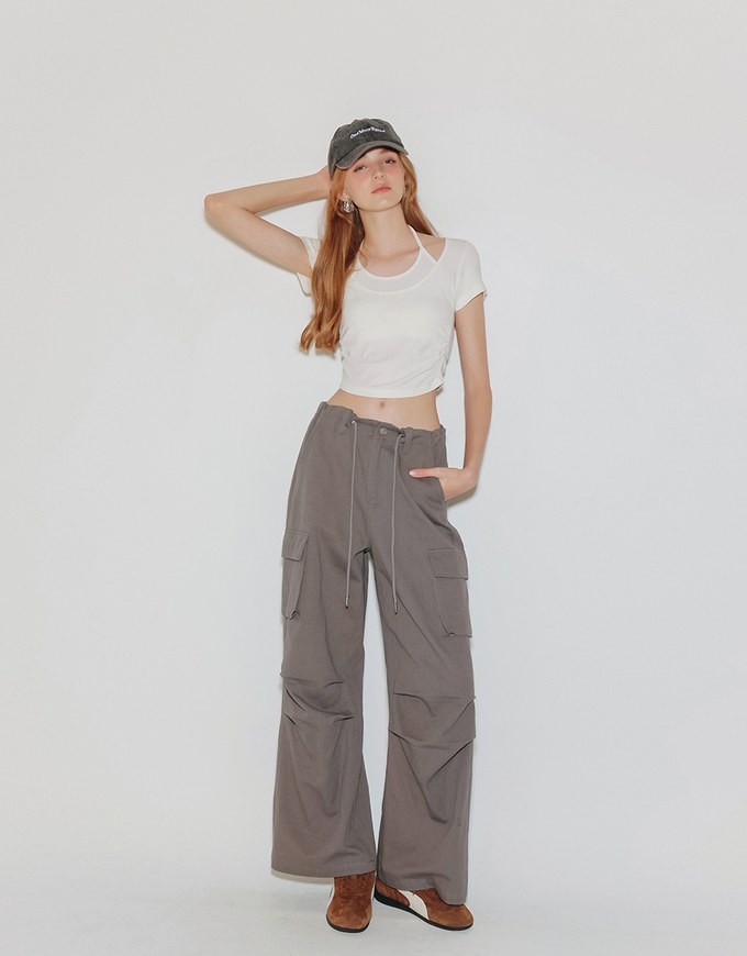 Faux 2 Piece Layered Halter Tie Crop Top with Ruched Sides