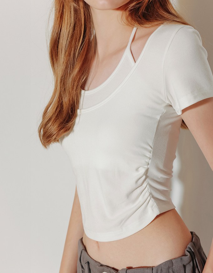 Faux 2 Piece Layered Halter Tie Crop Top with Ruched Sides