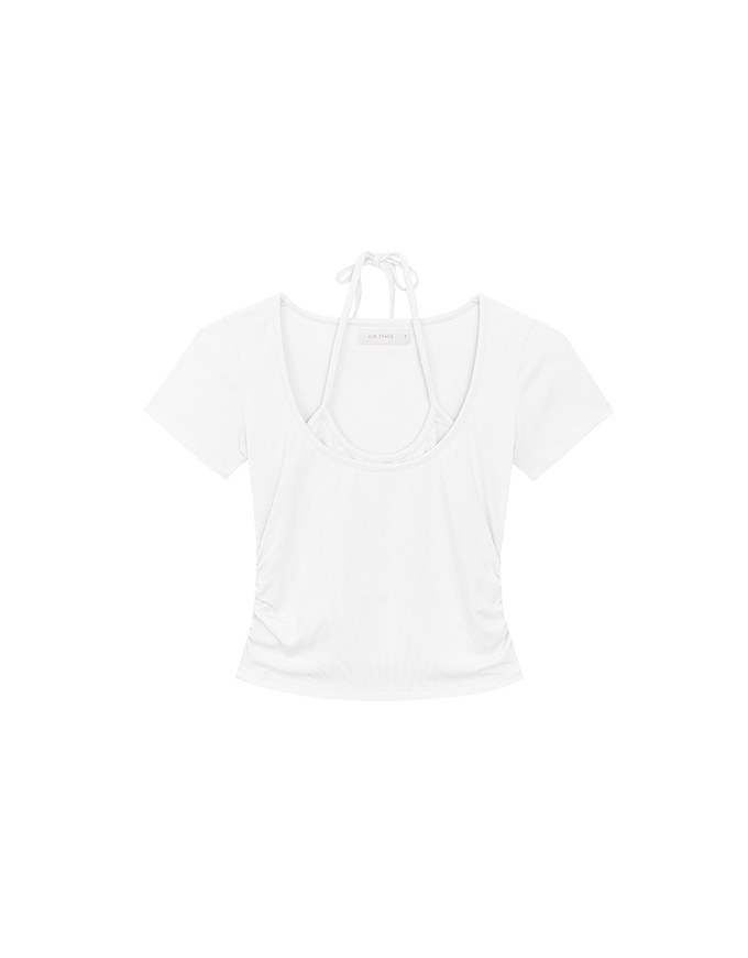 Faux 2 Piece Layered Halter Tie Crop Top with Ruched Sides