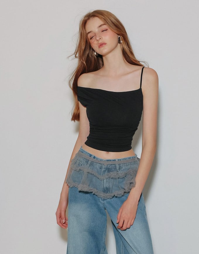 Asymmetrical One Shoulder Ruched Crop Bra Top with Spaghetti Strap