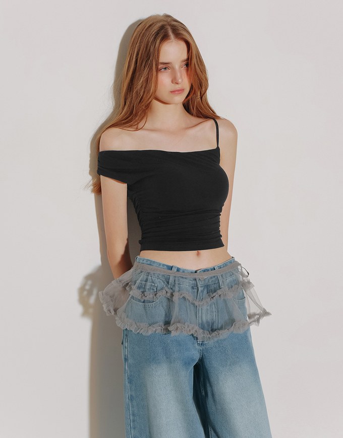 Asymmetrical One Shoulder Ruched Crop Bra Top with Spaghetti Strap