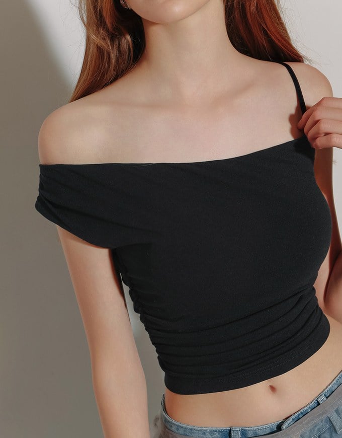 Asymmetrical One Shoulder Ruched Crop Bra Top with Spaghetti Strap