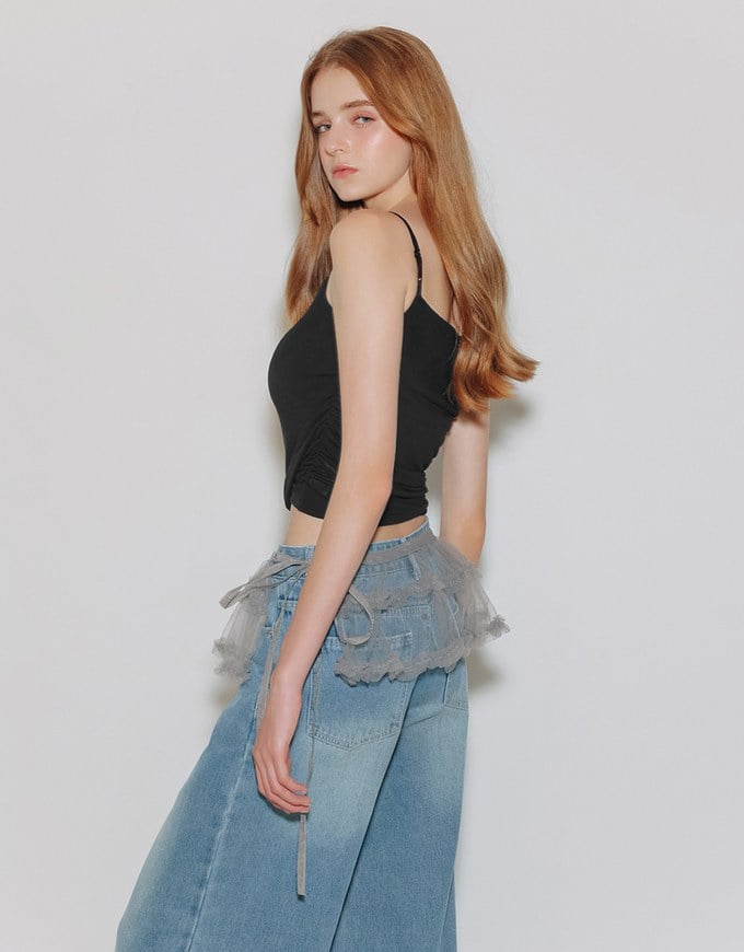 Asymmetrical One Shoulder Ruched Crop Bra Top with Spaghetti Strap