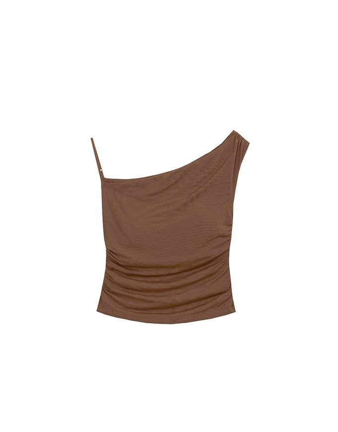 Asymmetrical One Shoulder Ruched Crop Bra Top with Spaghetti Strap