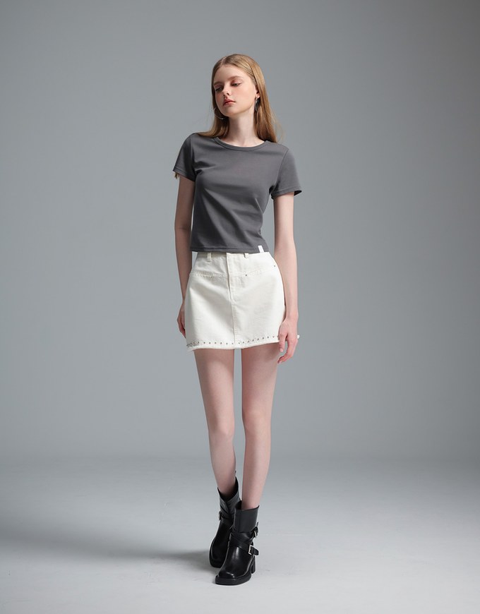 【Stain Resistant】Metal Studded A Line Jeans Denim Skirt