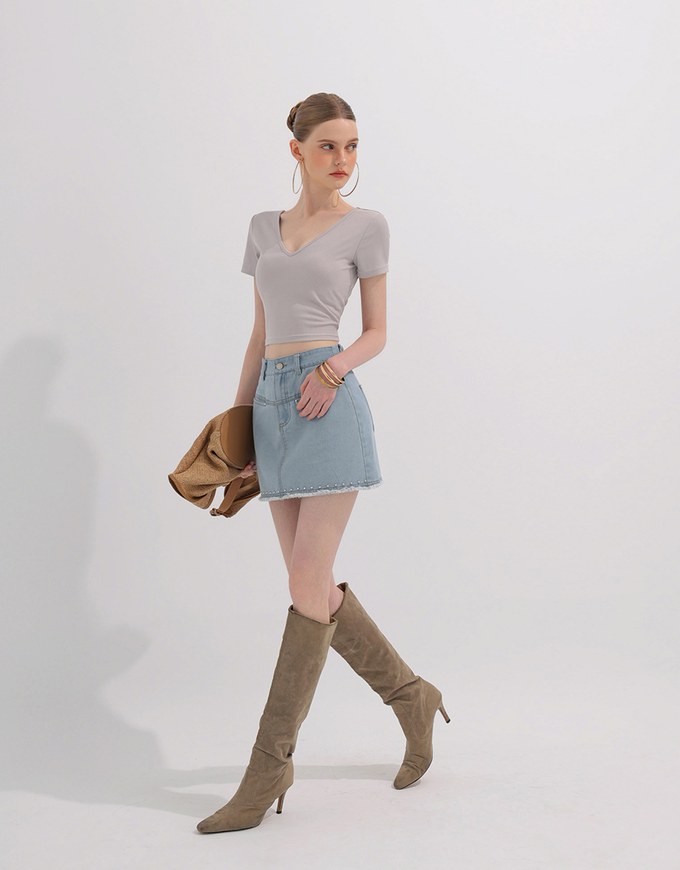 Metal Studded Distressed Hem Jeans Denim Mini Skirt