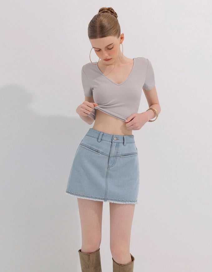 Metal Studded Distressed Hem Jeans Denim Mini Skirt