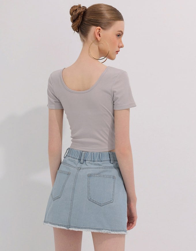 Metal Studded Distressed Hem Jeans Denim Mini Skirt