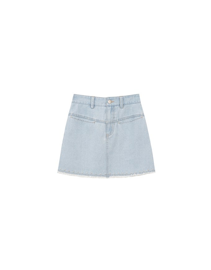 Metal Studded Distressed Hem Jeans Denim Mini Skirt