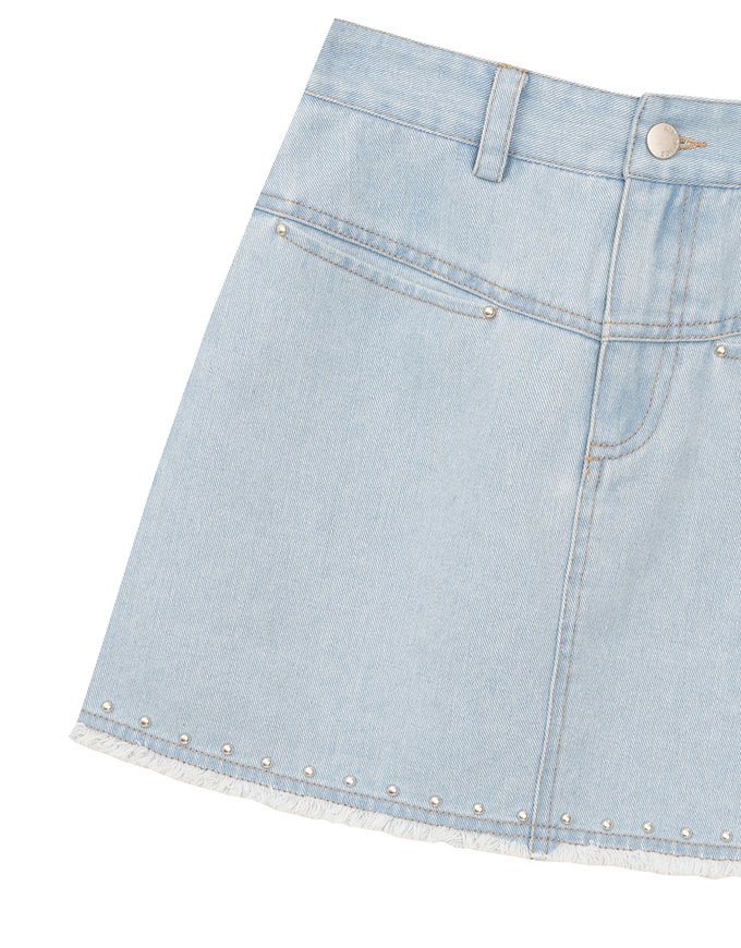 Metal Studded Distressed Hem Jeans Denim Mini Skirt