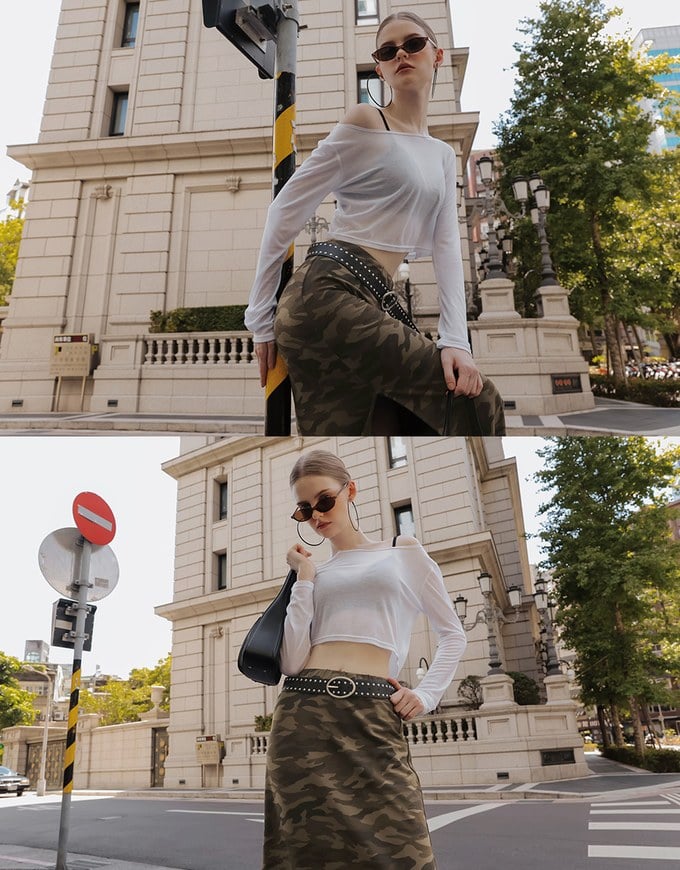 スリット入り迷彩ストレートロングスカート