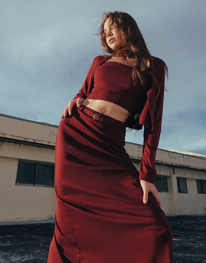 AIR SPACE Logo Embroidered Belted Straight Maxi Skirt