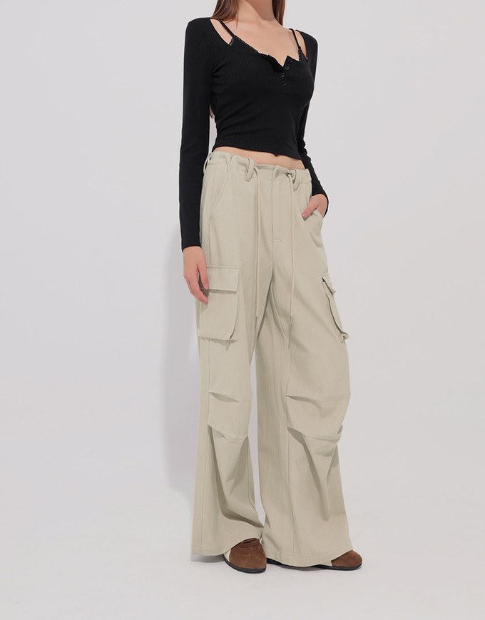 Drawstring Waist Wide Leg Cargo Pants with Pockets