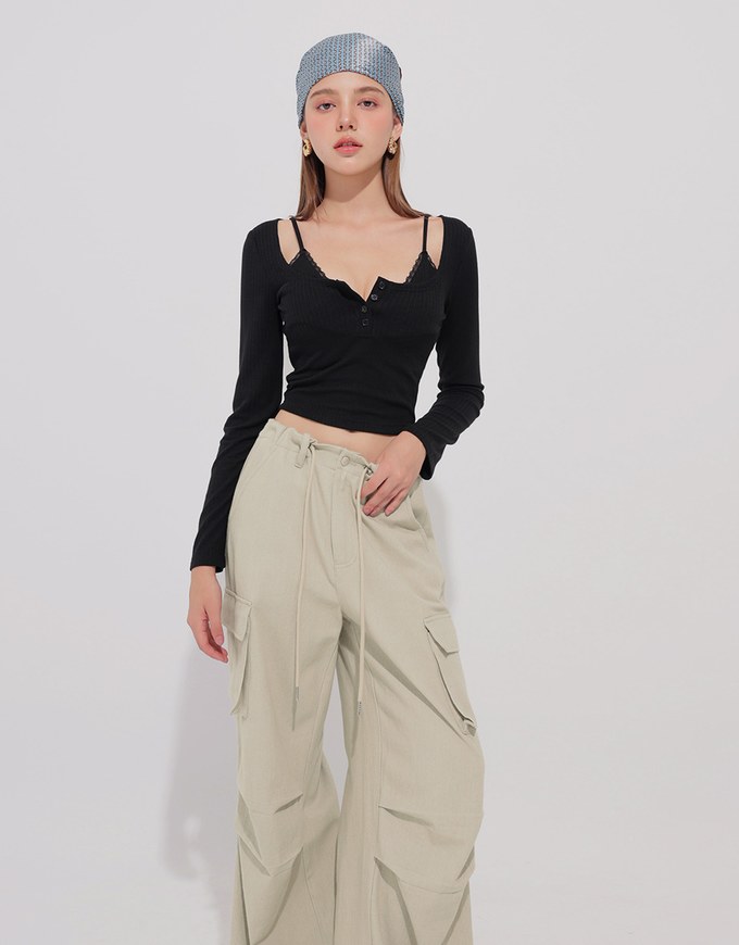 Drawstring Waist Wide Leg Cargo Pants with Pockets