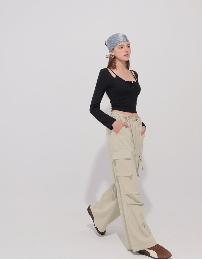 Drawstring Waist Wide Leg Cargo Pants with Pockets