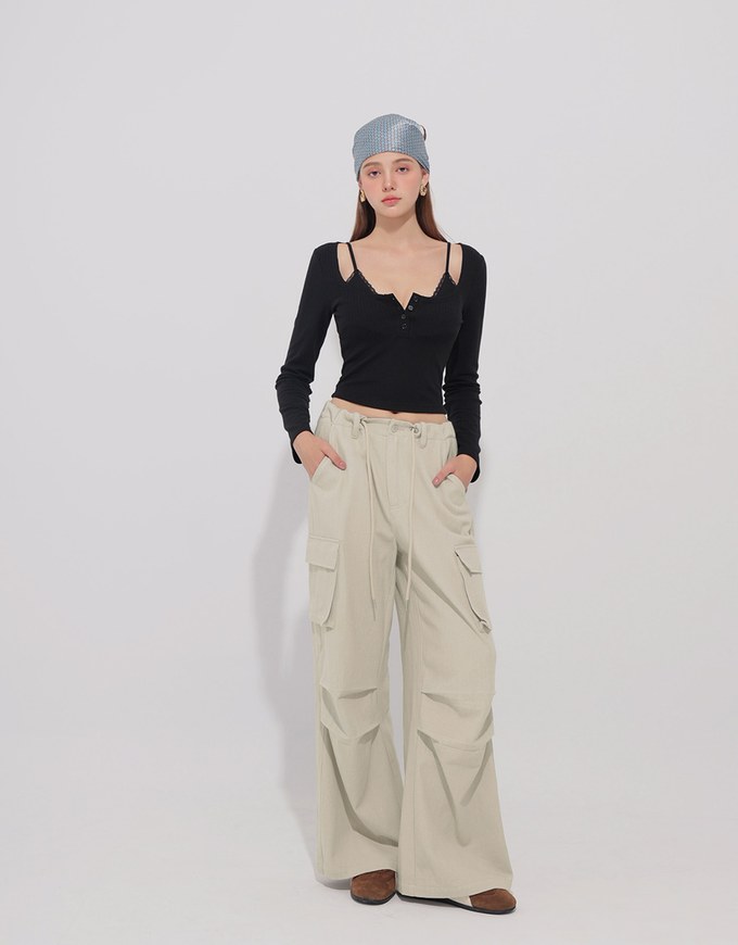 Drawstring Waist Wide Leg Cargo Pants with Pockets