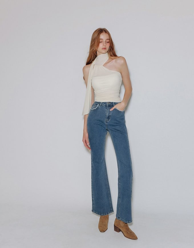 Classic High Waist Frayed Edge Flared Jeans Denim Pants