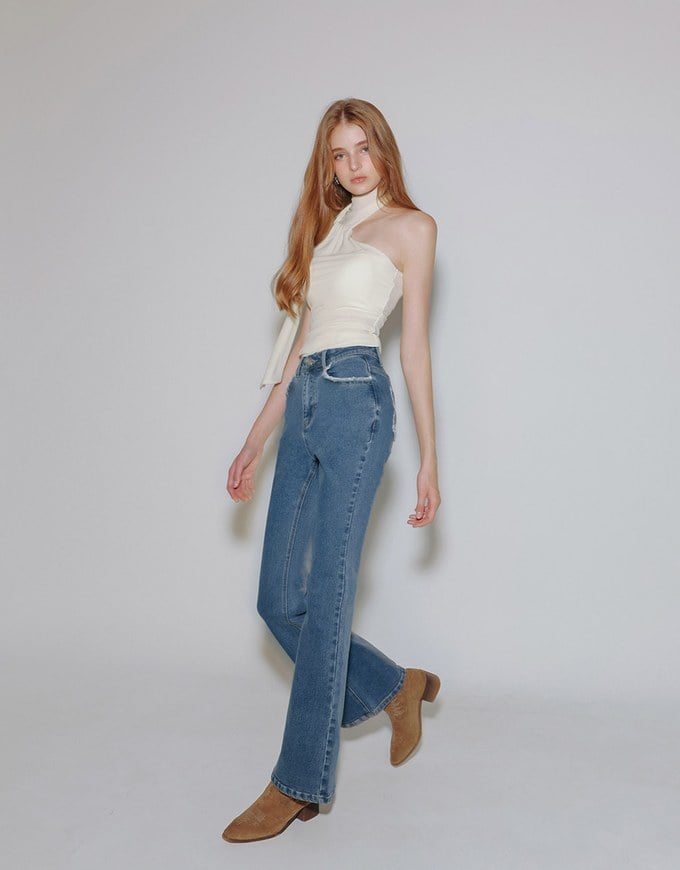 Classic High Waist Frayed Edge Flared Jeans Denim Pants