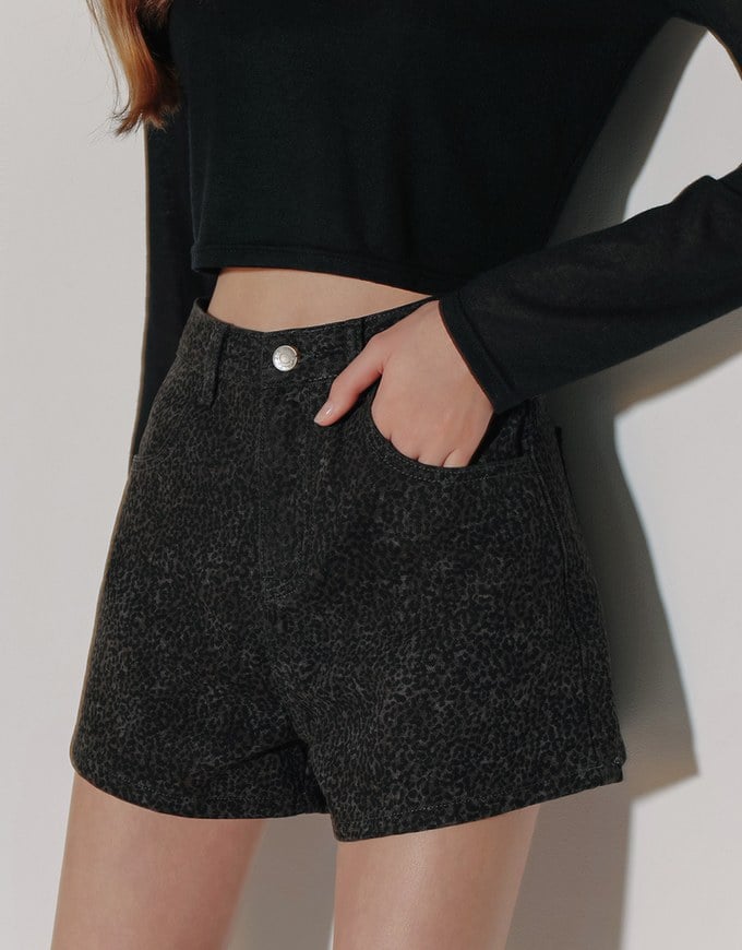 High Waist Leopard Print Jeans Denim Shorts with Pockets
