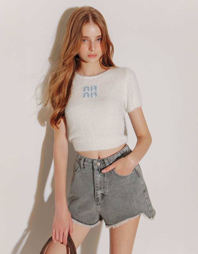 Raw Hem Jeans Denim Shorts with Back Logo Stitch Detail