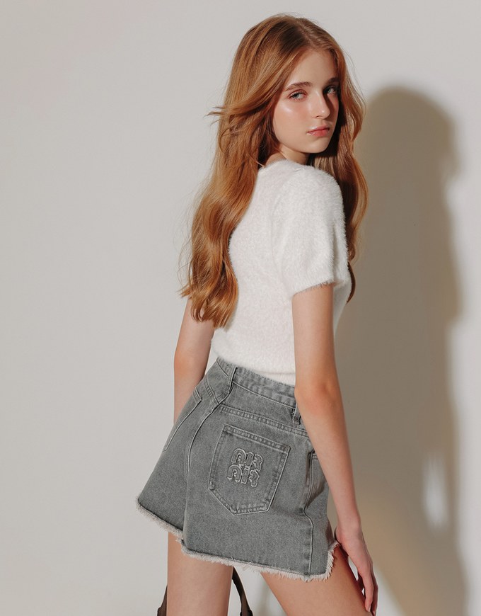 Raw Hem Jeans Denim Shorts with Back Logo Stitch Detail