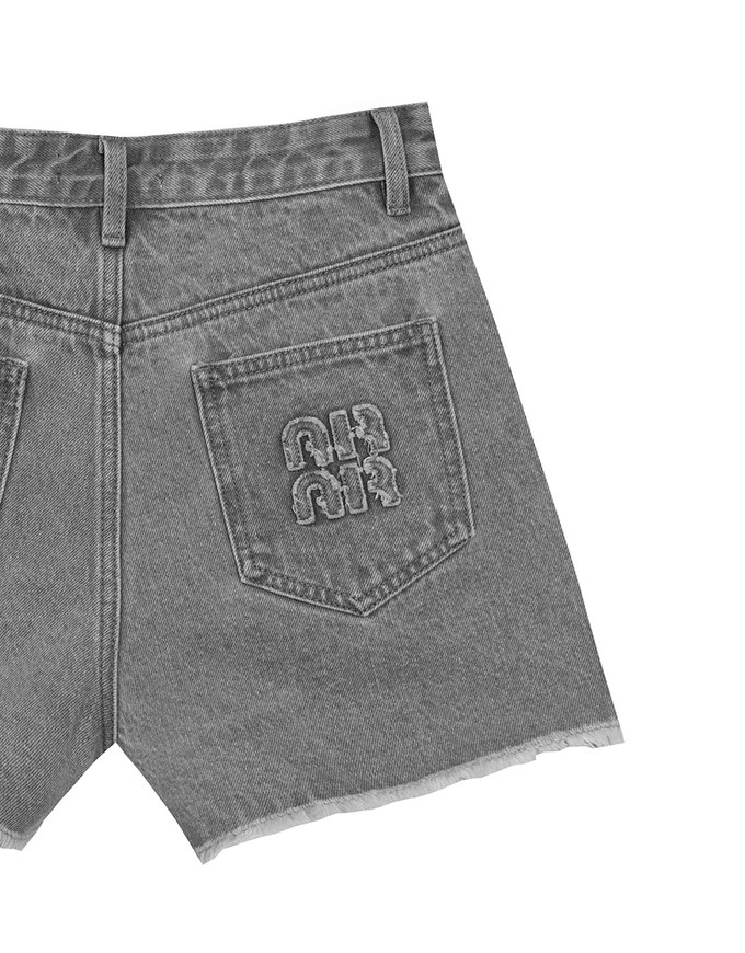 Raw Hem Jeans Denim Shorts with Back Logo Stitch Detail