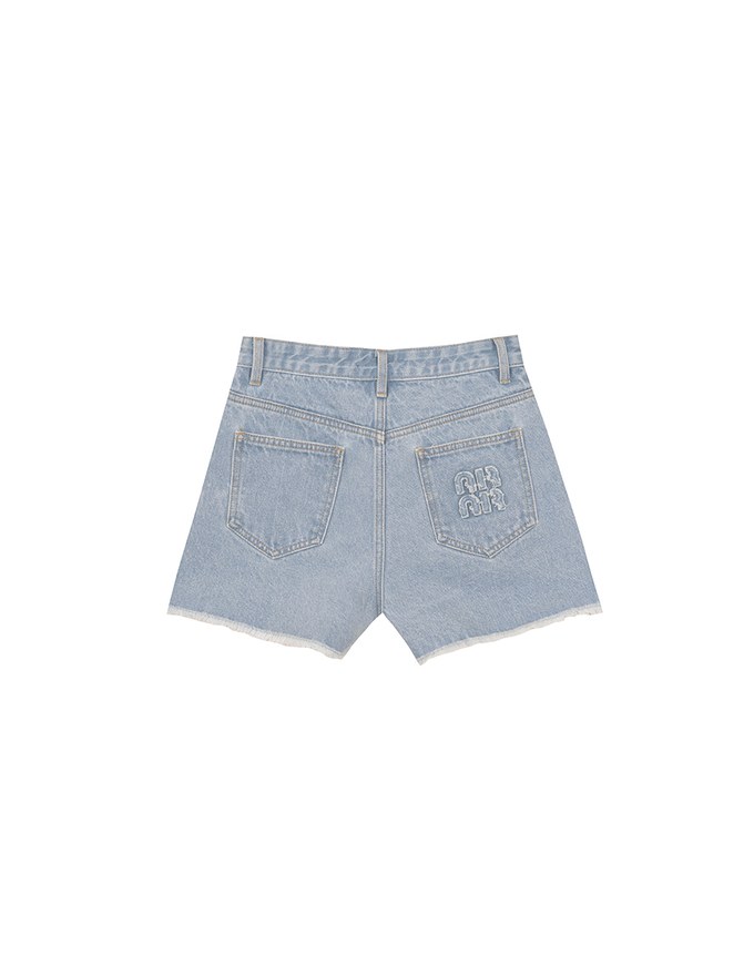 Raw Hem Jeans Denim Shorts with Back Logo Stitch Detail