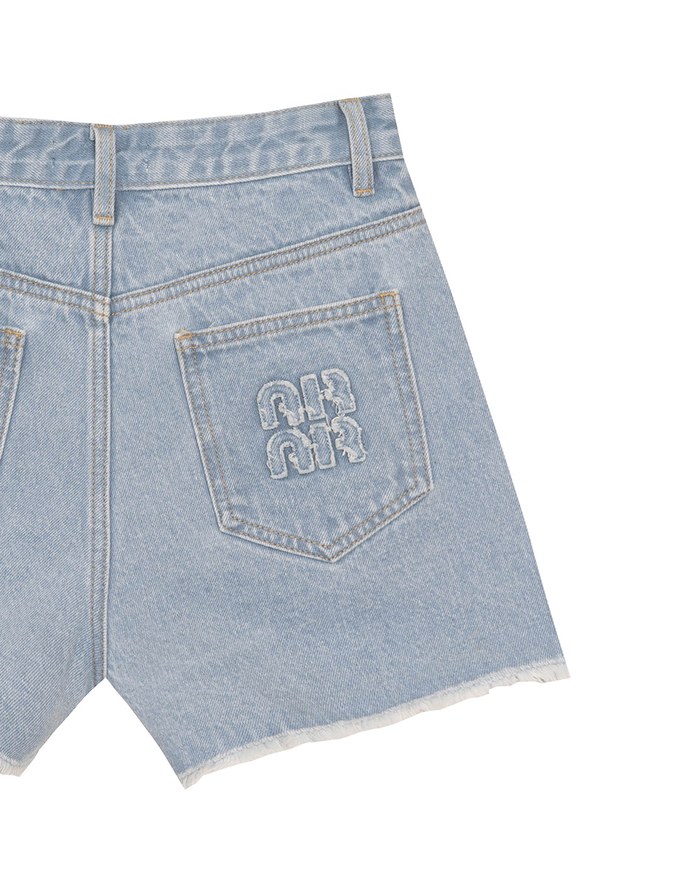 Raw Hem Jeans Denim Shorts with Back Logo Stitch Detail