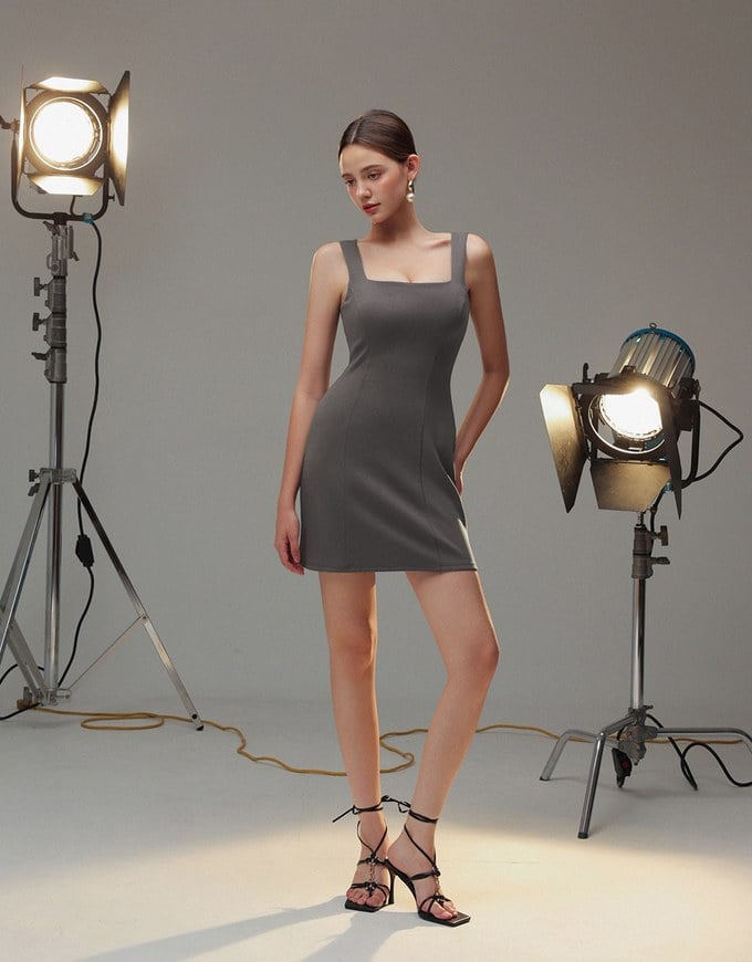 Classic Square Neck Wide Strap Fitted Padded Mini Dress