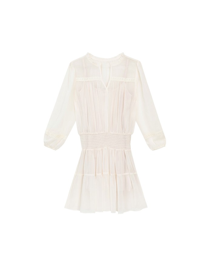 Sheer Chiffon Lace Trim Long Sleeve Mini Dress
