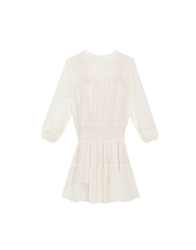 Sheer Chiffon Lace Trim Long Sleeve Mini Dress