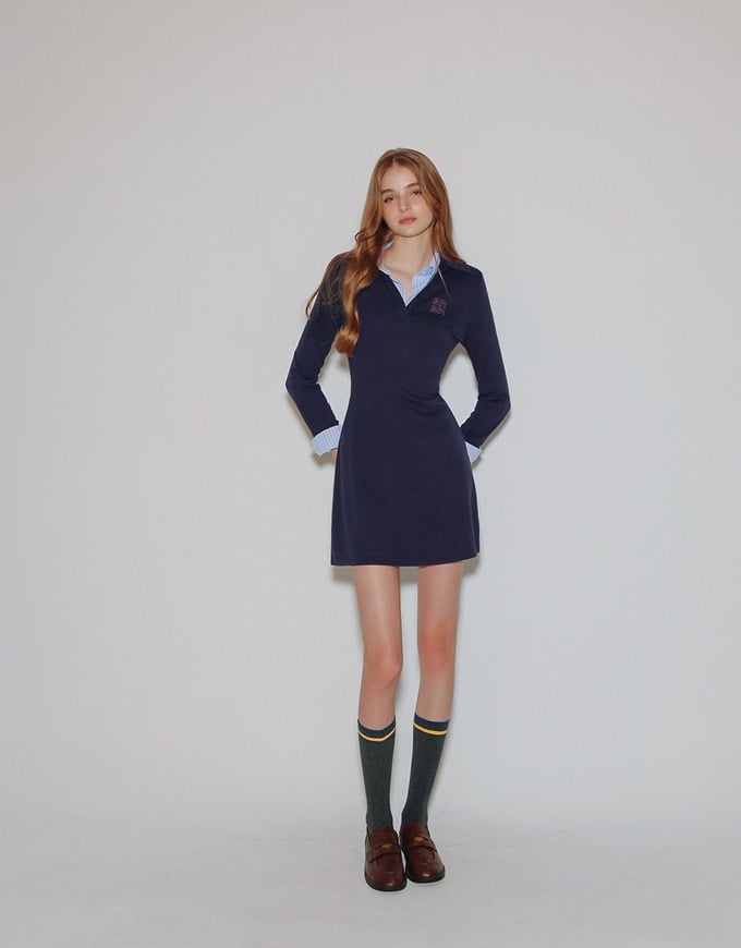 Fitted Ribbed Polo Neck Knit Mini Dress with AIR SPACE Logo Embroidery