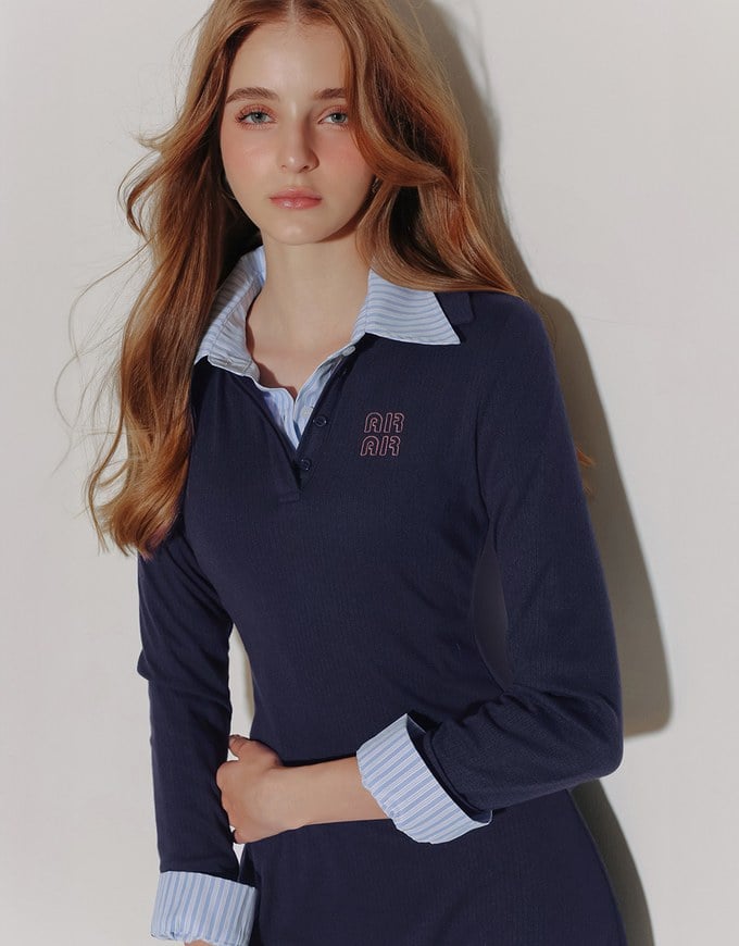 Fitted Ribbed Polo Neck Knit Mini Dress with AIR SPACE Logo Embroidery