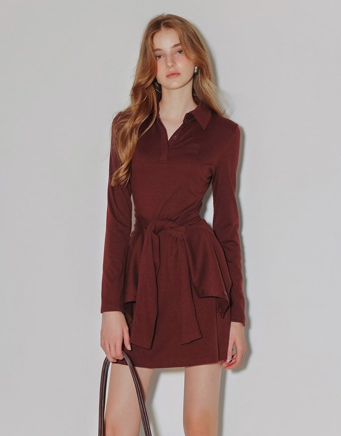 Fitted Ribbed Polo Neck Knit Mini Dress with AIR SPACE Logo Embroidery