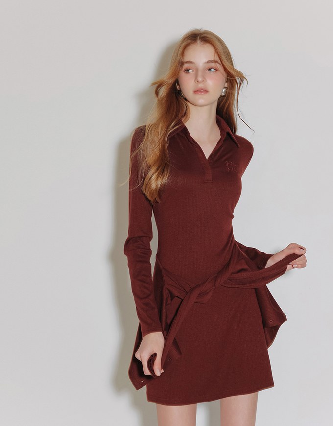 Fitted Ribbed Polo Neck Knit Mini Dress with AIR SPACE Logo Embroidery