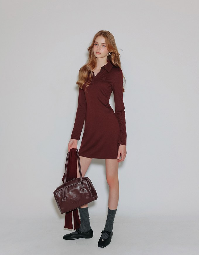Fitted Ribbed Polo Neck Knit Mini Dress with AIR SPACE Logo Embroidery