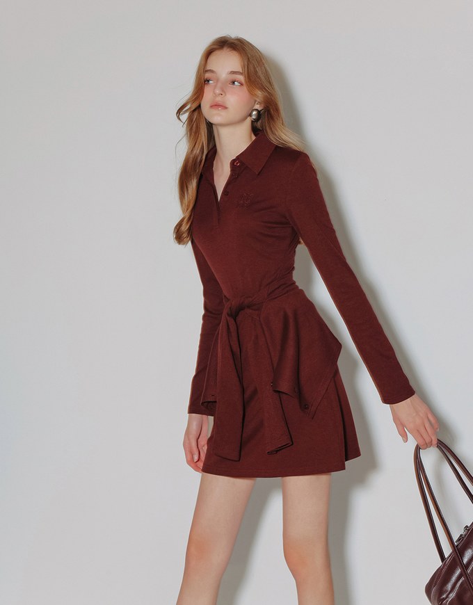 Fitted Ribbed Polo Neck Knit Mini Dress with AIR SPACE Logo Embroidery
