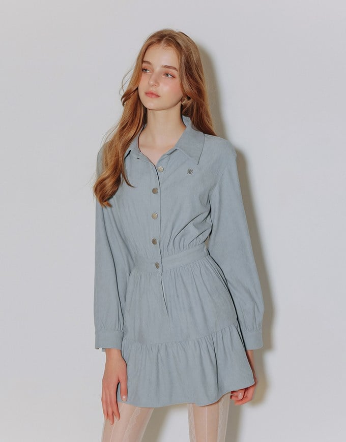 Collared Waist Cinched Button Front Shirt Mini Dress with AIR SPACE Logo Embroidered