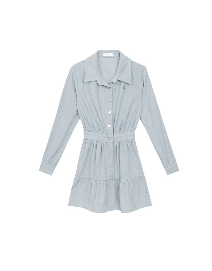 Collared Waist Cinched Button Front Shirt Mini Dress with AIR SPACE Logo Embroidered